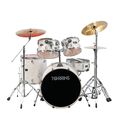 Image of TempoX Professional 5-Piece Acoustic Drum Set with 2 Cymbals & Hi-Hat (White) | Heavy-Duty Double Braced Stands | Complete Full Drum Set Kit for Practice & Performance