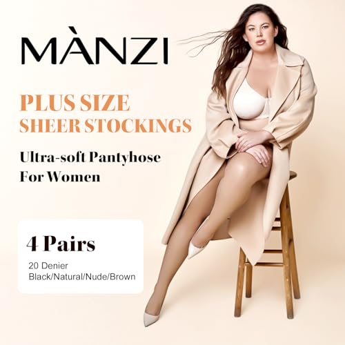 MANZI Women's Plus Size Pantyhose 4 Pairs Sheer Nylon Tights2
