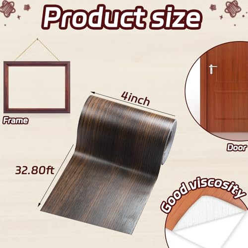 Image of Wood Grain Tape for Mirrors, 4 inch X 32 ft Wood Grain Wallpaper Border Adhesive Tape for Floor, Bathroom, Cabinets, Windows, Home Decoration 1 Roll (Deep Brown)