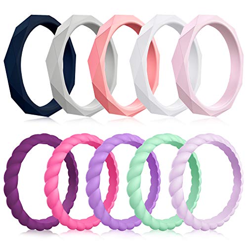 MOKANI 10 Pack Silicone Wedding Ring for Women, Thin and Braided Rubber Band, Fashion, Colorful, Comfortable fit, Skin Safe