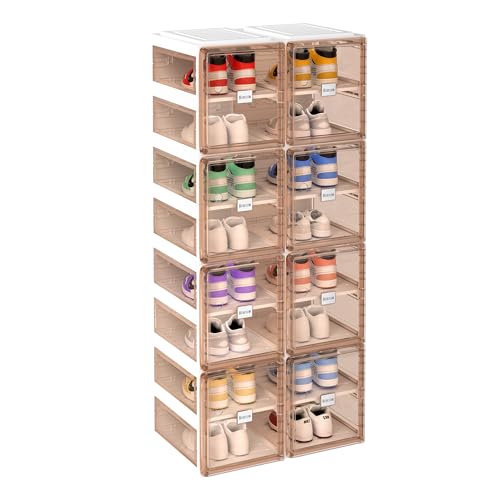 BINSIO Shoe Organizer, Shoe Storage Rack for Closet, Shoe Cabinet for Entryway, Plastic, Foldable Shoe Box, Fast Assembly Shoe Shelf, One Piece Sturdy Sneaker Holder, Clear Brown Doors - 8 Tiers