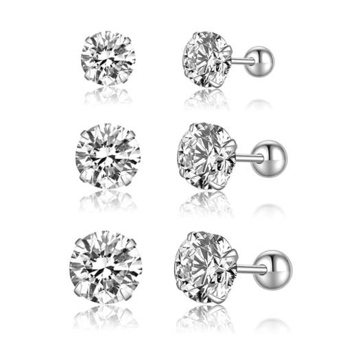 SLUYNZ Sterling Silver Round Simulated Diamond Stud Earrings for Women Teens Round CZ Stud Earrings Set Screw Back Small CZ Ear Stud Set 3 Pairs