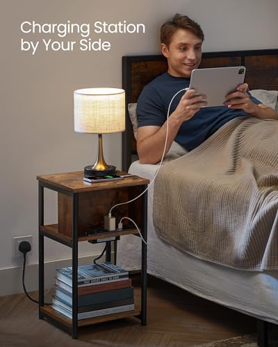 VASAGLE Slim Side Table with Charging Station, Narrow Bedside Table with 2 AC...