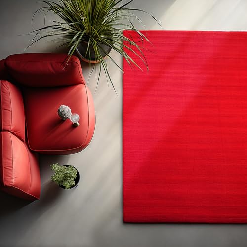 HomebyHome Waschbarer Kurzflor Teppich Läufer 80 x 150 cm Rot modern einfarbig und weich maschinenwaschbar pflegeleicht für Flur Eingang… – Ansicht 1