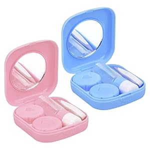 Étui de lentilles de Contact, Boite à Lentilles de Contact, Boîte à lentilles de contact de voyage Portable, Avec Mirroir, Support de Conteneur et Pince à Épiler -2 couleurs（Bleu/Rose）