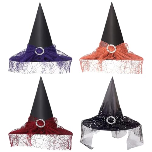 LJTXX Sombrero de Bruja, 4PCS Halloween Sombrero de Bruja con Velo Accesorio de Disfraz de Bruja Accesorio de Halloween de Fiesta para Fiesta de Disfraces Fiestas de Halloween y Carnaval