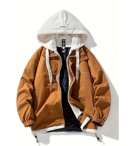 Image of FTIMILD Mens Fake Two Pieces Windbreaker Spring and Fall Vibrant Color Block Coat Lightweight Jacket with Hood