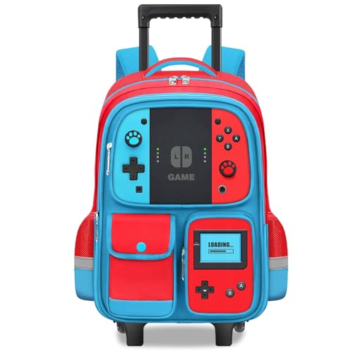 Kids Rolling Backpack for Boys - Gamer Boys Rolling Backpack with Wheels, Wheeled Travel Bookbag for Elementary Middle School, Lightweight Roller School Bag