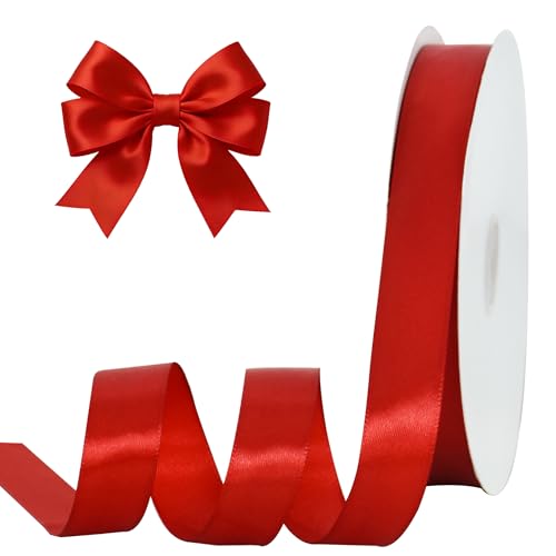 Toniful 1 Inch X 100Yds Red Satin Ribbon, Thin Solid Color Valentine Ribbon For Gift Wrapping, Crafts, Hair Bows Making, Wedding Party Decoration, Sewing, Invitation Cards, Floral Bouquets, Christmas