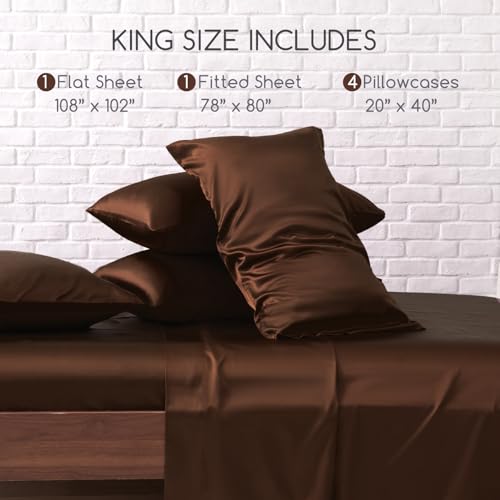Image of MR&HM Satin Bed Sheets, King Size Sheets Set, 6 Pcs Silky Bedding Set with 15 Inches Deep Pocket for Mattress (King, Brown)