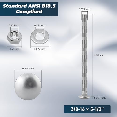 Image of 3 /8-16 x 5-1 /2 Inch Carriage Bolt Kit, 304 Stainless Steel (18-8) with Hex Nuts & Flat Washers - 10 Sets, Round Head Square Neck, Full Thread Coverage by Glvaner
