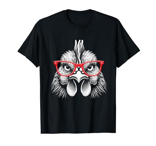 Black and White Chicken with Red Eyeglasses - Funny Chicken T-Shirt