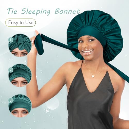 Image of BONNET QUEEN Silk Bonnet for Sleeping Satin Bonnet Women Hair Wrap Night Sleep Cap Scarf Wrap for Curly Hair with Tie Band, Large, Green