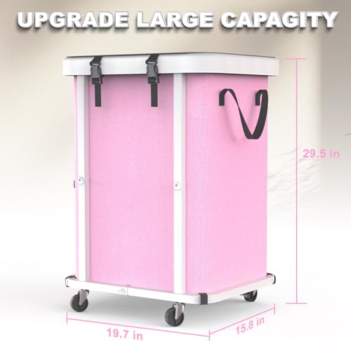 Image of 150L (40 Gal) Large Fashion Laundry Basket with Wheels, Leather Patchwork Rolling Hamper Carts, Sturdy Metal Frame, Removable Washable Bag, Tall Clothes Sorter for Bedroom, Laundry Room - Pink