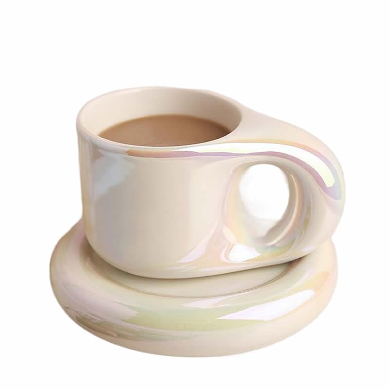 Jiotouhu Ceramic Coffee Chubby Mug Saucer Set, Creative Cute Fat Handle Cup with Saucer for Office and Home, Dishwasher and Microwave Safe, 10 oz for Latte Tea Milk
