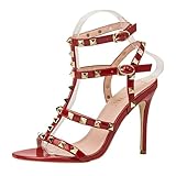 FamMe Heeled Sandals with Studs for Women Studded Heels Open Toe Ankle Strap 3.7inch Stiletto High heel Dressy Wedding Party Pumps Shoes,Red,34