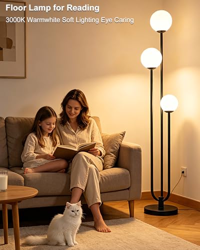 Image of 63IN 3-Light Dimmable Floor Lamp, Unique Black Tall Standing Lamps with 3000K Bulbs for Reading, Mid Century Modern Floor Lamp with 5Lbs Heavy Base for Living Room Bedroom Office