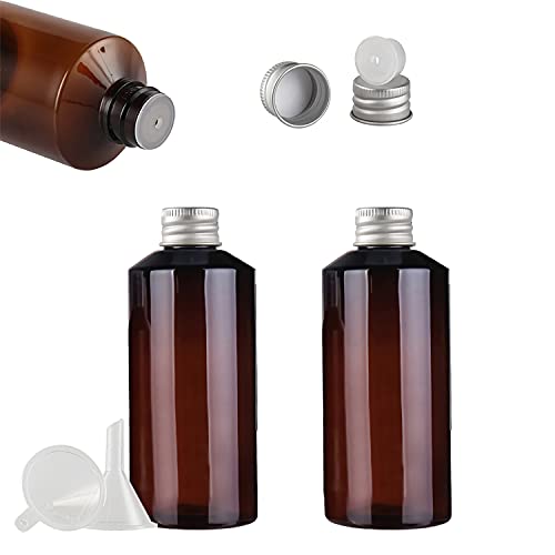 TIANZD 3 Pezzi 200ml Bottiglia di Olio Essenziale in Plastica Marrone Bottiglia con Riduttore Dell'orifizio con Coperchio a Vite in Alluminio Argento per Oli Essenziali, Contenitori di Aromaterapia