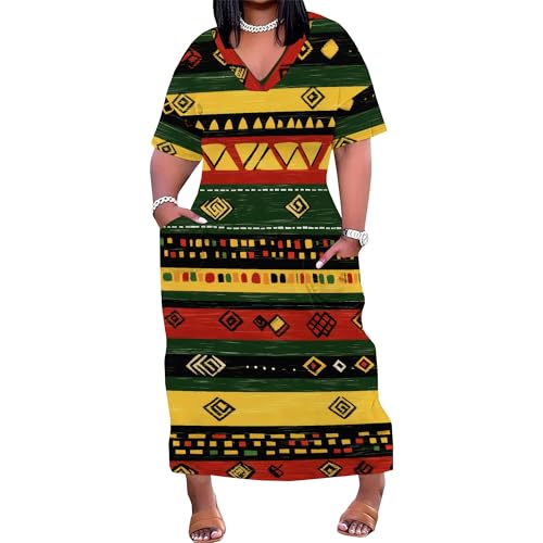Image of Plus Size Maxi Dress for Women Short Sleeve V Neck Casual Loose Sundress with Pockets