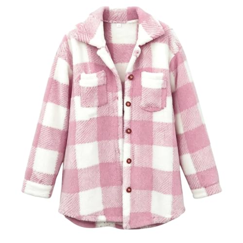 GOSEAGOTOFUN Fleece Jacket Women Oversized Plaid Fuzzy Fleece Jacket Lapel Button Down Long Coat Fall Winter Warm Outerwear 01-Pink Small - image 3