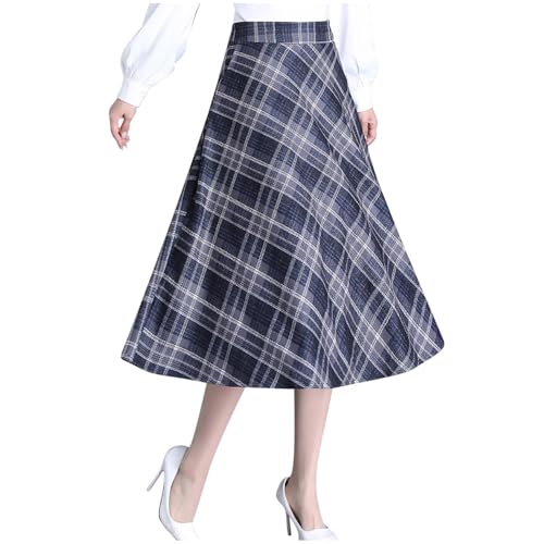 Long Plaid Wool Skirt for Womens Winter Fall Warm High Elastic Waist A line Flared Pleated Wool Tartan Skirts