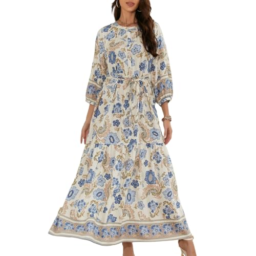 Vestido Largo Casual de Manga Larga Estampado para Mujer, Vestido Playero de Otoño con Cuello Redondo y Pliegues
