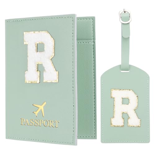 PATIKIL Funda Pasaporte con Identificador de Maletas, Funda para Pasaporte con Iniciales y Etiqueta de Equipaje con Parche de Letras de Chenilla, para Crédito, Tarjetas y Boletos, Verde R