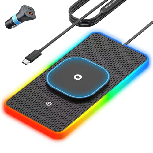 RGB Wireless Car Charging Pad for Magsafe REESTECQI 15W LED Magnetic Wireless Charger for Car Non Slip Type C Charging Mat with 40W Car Charger Compatible with iPhone 17-12 Airpods (1 Meter Cable)