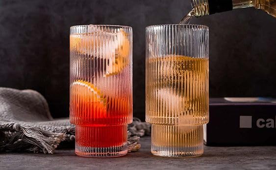 Image of WEZOSHINET 2 Pcs Heat Resistant Drinking Glasses Cup with Vertical Stripes Ribbed Pattern for Iced Coffee Cups Whiskey Cocktail Beer Water Glasses for Home Party Bar (2 Pcs /290 ML)