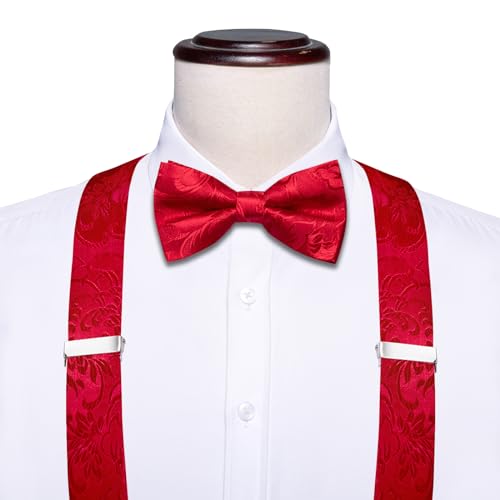 Image of Dubulle Suspender and Bow Tie for Men Paisley Solid Mens Suit Braces Pretied Bowtie and Handkerchief Cufflinks Formal Wedding
