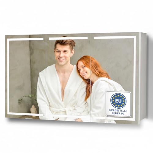 HAPA Design Milano Spiegelschrank Bad 100 cm, LED-Beleuchtung, Steckdose, Unterputz geeignet, EU-Fertigung, einfache Montage, Schwarze Scharniere