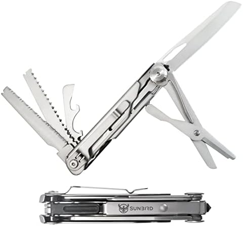 Pocket Serrated Knife with Clip, SUNBIRD EDC Multitool Knife with Window Breaker, Saw, Scissors, Portable Folding Tool for Survival Camping, Gadgets for Men