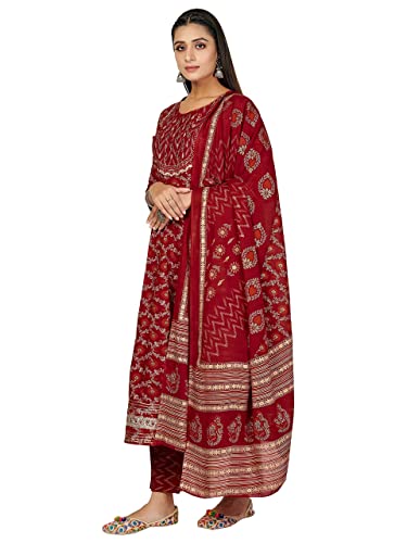 Image of Vbuyz Women's Printed & Handwork Anarkali Cotton Kurta with Pant & Dupatta | Kurta Set For Women | Suit Set For Women | Kurti Dress Set | Cotton Fabric Set