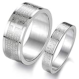Fashion Month Mens Womens Stainless Steel Vintage Silver Couple Ring Spanish Bible Lords Prayer Cross White Gold Band (The Men's Ring, 12)