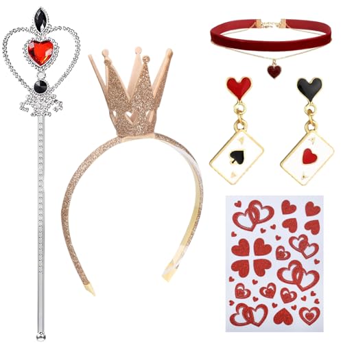 GWAWG 5 pcs costumes reine, bandeau couronne boucles d'oreilles pendantes rouges et noires en forme de cœur collier de cœur sceptre pour adultes accessoires...
