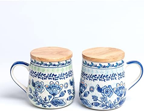 Taimei Teatime Coffee Mug with Lid Set of 2, 16.5 oz Ceramic Coffee Mugs with Handpainted Floral Pattern, Mugs Gift Set for Tea Lover, Woman and Couple, Microwave and Dishwasher Safe