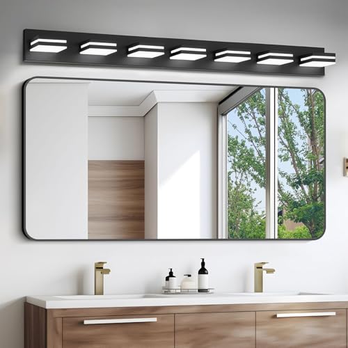 Image of IZORRO LED Modern Bathroom Lights Fixtures(7-Light,Dimmable,360Rotate),Matte Black Acrylic Wall Lighting,Vanity Lights for Bathroom Over Mirror - 6000k 40In (No Assembly Required)