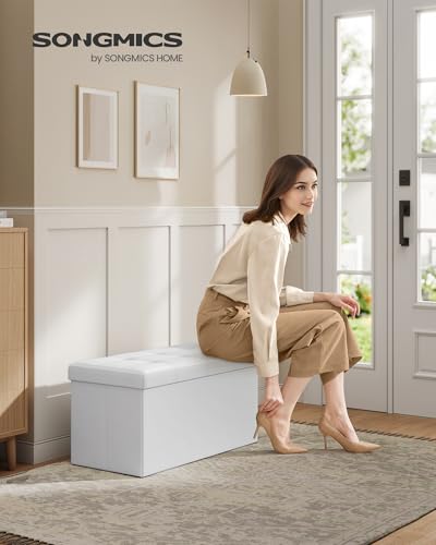 Image of SONGMICS MAZIE Collection - 30 Inches Folding Storage Ottoman Bench, Ottoman with Storage, Foot Rest Stool, Load 660 lb, for Living Room, Synthetic Leather, White ULSF106