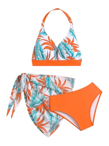 Choomomo Girls 3 Pieces Printed Swimsuits Tankini Sets with Side Tie-up Skirt Modest Swimwear