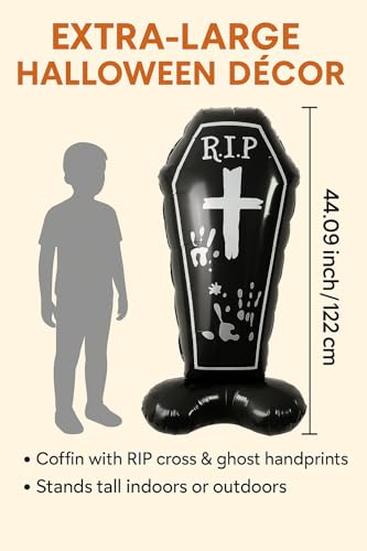 Image of AMFIN (Pack of 1) Self Standing 44 Inch Halloween Coffin Balloon - RIP Inflatable Self-Standing Foil Balloon for Halloween Party Decorations, Haunted House & Spooky Graveyard Decor- Black