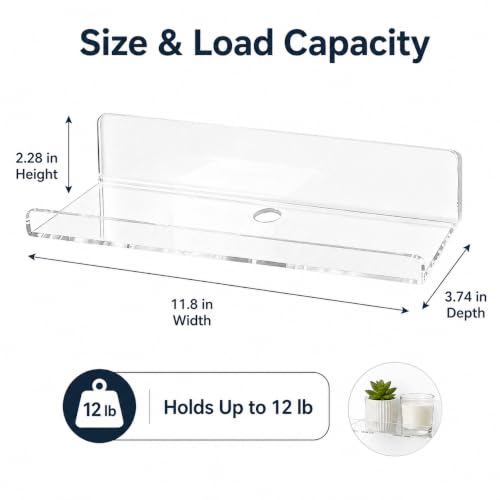 Image of Clear Acrylic Floating Shelves, No Drill Adhesive Wall Shelves, 4 Pack | Clear Acrylic Design; 4 Pack Wall Shelves; Adhesive Mount Only; No Drill Installation; 12 lb Max Load