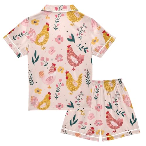 ALAZA Chicken Flower Floral Satin Pajamas Set Short Sleeve Button Down Sleepwear Summer Pjs 2 Piece2