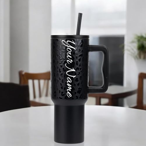 Image of Personalised with Your Name, 1200ml Tumbler with Straw-Handle-Stainless Steel Double Wall Insulated Cup | Leakproof Sipper Mug for Hot-Cold Drinks |Coffee - WaterTumbler (Leapard Black Custom)