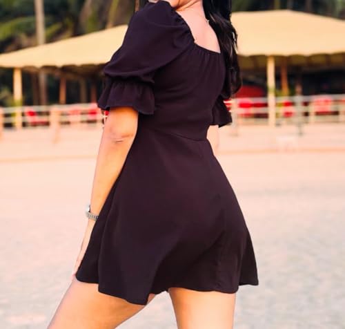 Image of Aahwan Women's & Girls' Black Solid Ruched Detail A-line Mini Dress