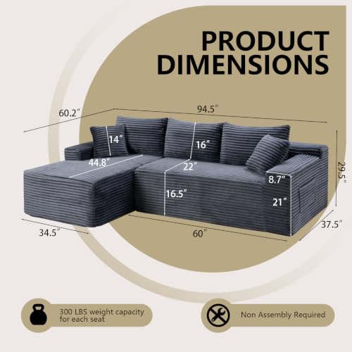 Image of 94.5 inch L Shaped Boneless Sectional Corduroy Couches for Living Room (Gray)