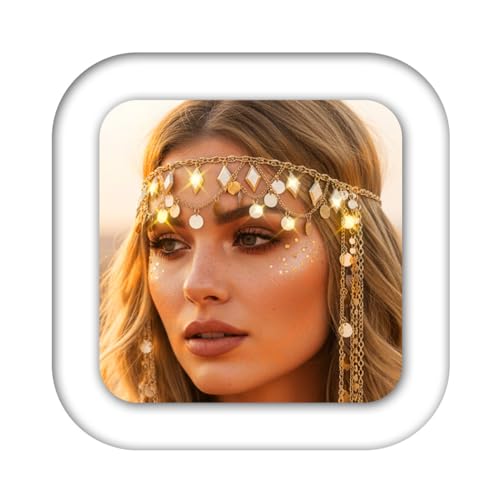 Zoestar Chaîne de tête bohème à paillettes dorées avec pampilles - Chaîne de front superposée - Bijoux de festival - Accessoires de cheveux pour femme