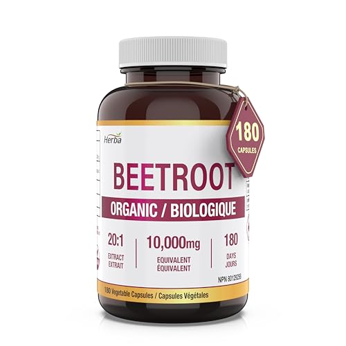 10,000mg Organic Beet Root Supplement – 180 Capsules | 20:1 Beet Root Powder in Capsule | Nitric Oxide Supplements for Men & Women | Made in Canada | Herba