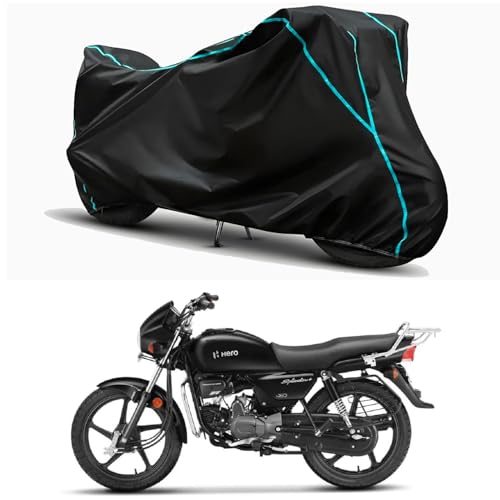 Image of Waterproof Bike Body Cover Compatible for | Hero Splendor Plus BS6 | Taffeta Fabric, Sky Piping Design, Bottom Elastic Fit | Dustproof, Sun UV & Rain Protection for All Weather.