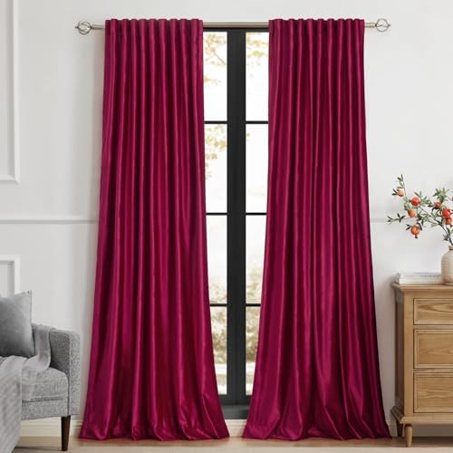 Image of PRIMROSE Red Curtains 102 inch for Living Room Velvet Drapes Blackout Rod Pocket Back Tab Window Treatment Semi Room Darkening Decor Curtains for Bedroom Set of 2 Panels