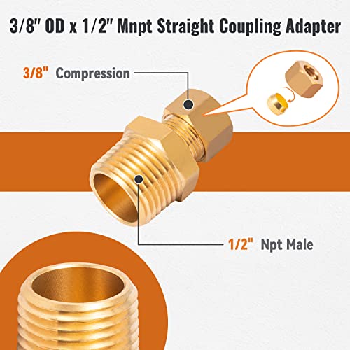 Sungator 2-Pack Straight Coupling Adapter, Compression Tube Pipe Fitting Connector, 3/8" Od X 1/2" Npt Male With An Extra Sealing Tape #TOP1